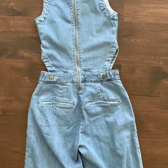 RACHEL ROY DENIM JUMPSUIT CUTOUT OVERALLS WIDE LEG LIGHT WASH - Picture 15 of 16